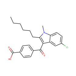 CCCCCCc1c(C(=O)c2ccc(C(=O)O)cc2)c2cc(Cl)ccc2n1C ZINC001772579401