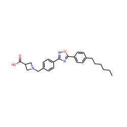 CCCCCCc1ccc(-c2nc(-c3ccc(CN4CC(C(=O)O)C4)cc3)no2)cc1 ZINC000003819497