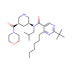 CCCCCCc1nc(C(C)(C)C)ncc1C(=O)N(CC(C)C)[C@@H]1CNC[C@H](C(=O)N2CCOCC2)C1 ZINC000118338872