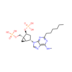 CCCCCCc1nc(NC)c2ncn([C@H]3C[C@H](OP(=O)(O)O)[C@]4(COP(=O)(O)O)C[C@H]34)c2n1 ZINC000013528985