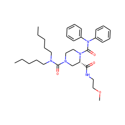 CCCCCN(CCCCC)C(=O)N1CCN(C(=O)N(c2ccccc2)c2ccccc2)[C@H](C(=O)NCCOC)C1 ZINC000003915808