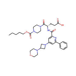 CCCCCOC(=O)N1CCN(C(=O)[C@H](CCC(=O)O)NC(=O)c2cc(N3CC(N4CCOCC4)C3)cc(-c3ccccc3)n2)CC1 ZINC000049763131