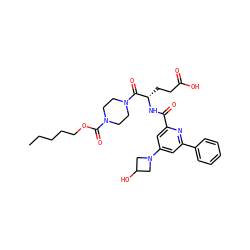 CCCCCOC(=O)N1CCN(C(=O)[C@H](CCC(=O)O)NC(=O)c2cc(N3CC(O)C3)cc(-c3ccccc3)n2)CC1 ZINC000049746292