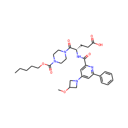 CCCCCOC(=O)N1CCN(C(=O)[C@H](CCC(=O)O)NC(=O)c2cc(N3CC(OC)C3)cc(-c3ccccc3)n2)CC1 ZINC000049763129