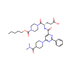 CCCCCOC(=O)N1CCN(C(=O)[C@H](CCC(=O)O)NC(=O)c2cc(N3CCC(C(=O)N(C)C)CC3)nc(-c3ccccc3)n2)CC1 ZINC000049694475