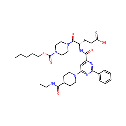 CCCCCOC(=O)N1CCN(C(=O)[C@H](CCC(=O)O)NC(=O)c2cc(N3CCC(C(=O)NCC)CC3)nc(-c3ccccc3)n2)CC1 ZINC000049679966