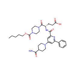 CCCCCOC(=O)N1CCN(C(=O)[C@H](CCC(=O)O)NC(=O)c2cc(N3CCC(C(N)=O)CC3)cc(-c3ccccc3)n2)CC1 ZINC000049745854