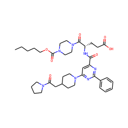 CCCCCOC(=O)N1CCN(C(=O)[C@H](CCC(=O)O)NC(=O)c2cc(N3CCC(CC(=O)N4CCCC4)CC3)nc(-c3ccccc3)n2)CC1 ZINC000049670119