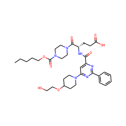 CCCCCOC(=O)N1CCN(C(=O)[C@H](CCC(=O)O)NC(=O)c2cc(N3CCC(OCCO)CC3)nc(-c3ccccc3)n2)CC1 ZINC000049694585