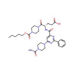 CCCCCOC(=O)N1CCN(C(=O)[C@H](CCC(=O)O)NC(=O)c2cc(N3CCN(C(N)=O)CC3)nc(-c3ccccc3)n2)CC1 ZINC000049694381