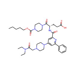 CCCCCOC(=O)N1CCN(C(=O)[C@H](CCC(=O)O)NC(=O)c2cc(N3CCN(CC(=O)N(CC)CC)CC3)cc(-c3ccccc3)n2)CC1 ZINC000049767270