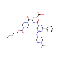 CCCCCOC(=O)N1CCN(C(=O)[C@H](CCC(=O)O)NC(=O)c2cc(NC3CCN(C(C)C)CC3)nc(-c3ccccc3)n2)CC1 ZINC000049680060