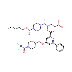 CCCCCOC(=O)N1CCN(C(=O)[C@H](CCC(=O)O)NC(=O)c2cc(OCC3CCN(C(=O)C(F)(F)F)CC3)cc(-c3ccccc3)n2)CC1 ZINC000049762853