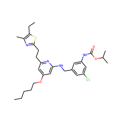 CCCCCOc1cc(CCc2nc(C)c(CC)s2)nc(NCc2cc(Cl)cc(NC(=O)OC(C)C)c2)c1 ZINC000029469378