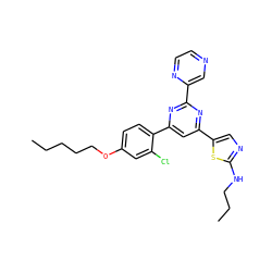 CCCCCOc1ccc(-c2cc(-c3cnc(NCCC)s3)nc(-c3cnccn3)n2)c(Cl)c1 ZINC000084712974