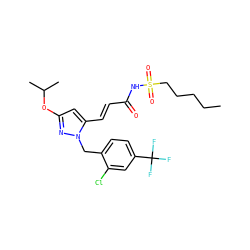 CCCCCS(=O)(=O)NC(=O)/C=C/c1cc(OC(C)C)nn1Cc1ccc(C(F)(F)F)cc1Cl ZINC000082158163