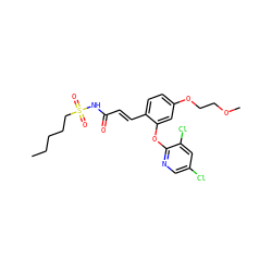CCCCCS(=O)(=O)NC(=O)/C=C/c1ccc(OCCOC)cc1Oc1ncc(Cl)cc1Cl ZINC000084604758