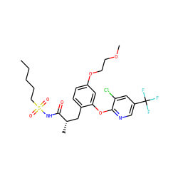 CCCCCS(=O)(=O)NC(=O)[C@@H](C)Cc1ccc(OCCOC)cc1Oc1ncc(C(F)(F)F)cc1Cl ZINC000084632684