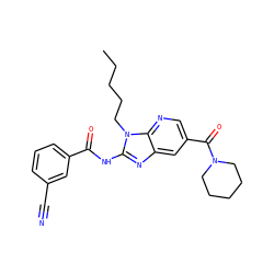 CCCCCn1c(NC(=O)c2cccc(C#N)c2)nc2cc(C(=O)N3CCCCC3)cnc21 ZINC000064513323