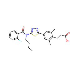 CCCCN(C(=O)c1ccccc1F)c1nnc(-c2cc(C)c(CCC(=O)O)c(C)c2)s1 ZINC000095558608