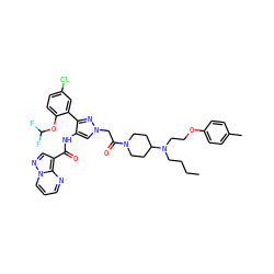 CCCCN(CCOc1ccc(C)cc1)C1CCN(C(=O)Cn2cc(NC(=O)c3cnn4cccnc34)c(-c3cc(Cl)ccc3OC(F)F)n2)CC1 ZINC001772578284