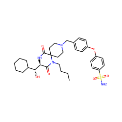 CCCCN1C(=O)[C@@H]([C@H](O)C2CCCCC2)NC(=O)C12CCN(Cc1ccc(Oc3ccc(S(N)(=O)=O)cc3)cc1)CC2 ZINC000072110875