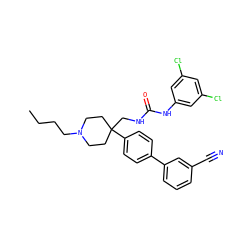 CCCCN1CCC(CNC(=O)Nc2cc(Cl)cc(Cl)c2)(c2ccc(-c3cccc(C#N)c3)cc2)CC1 ZINC000028117072