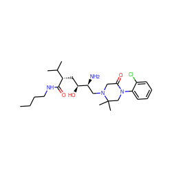 CCCCNC(=O)[C@@H](C[C@H](O)[C@@H](N)CN1CC(=O)N(c2ccccc2Cl)CC1(C)C)C(C)C ZINC000084688589