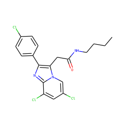 CCCCNC(=O)Cc1c(-c2ccc(Cl)cc2)nc2c(Cl)cc(Cl)cn12 ZINC000013607402