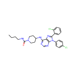 CCCCNC(=O)N1CCC(Nc2ncnc3c2nc(-c2ccccc2Cl)n3-c2ccc(Cl)cc2)CC1 ZINC000095577448