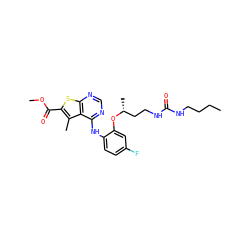 CCCCNC(=O)NCC[C@@H](C)Oc1cc(F)ccc1Nc1ncnc2sc(C(=O)OC)c(C)c12 ZINC000118824644