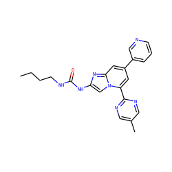 CCCCNC(=O)Nc1cn2c(-c3ncc(C)cn3)cc(-c3cccnc3)cc2n1 ZINC000045300181