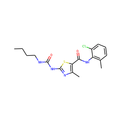 CCCCNC(=O)Nc1nc(C)c(C(=O)Nc2c(C)cccc2Cl)s1 ZINC000013587434