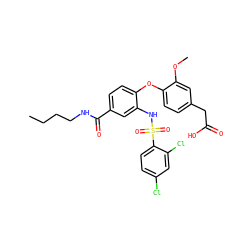 CCCCNC(=O)c1ccc(Oc2ccc(CC(=O)O)cc2OC)c(NS(=O)(=O)c2ccc(Cl)cc2Cl)c1 ZINC000043169109
