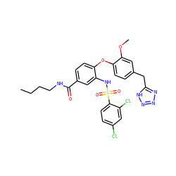CCCCNC(=O)c1ccc(Oc2ccc(Cc3nnn[nH]3)cc2OC)c(NS(=O)(=O)c2ccc(Cl)cc2Cl)c1 ZINC000073224141