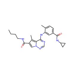 CCCCNC(=O)c1cn2ncnc(Nc3cc(C(=O)NC4CC4)ccc3C)c2c1C ZINC000038427828
