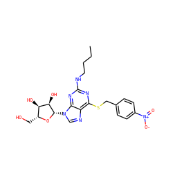 CCCCNc1nc(SCc2ccc([N+](=O)[O-])cc2)c2ncn([C@@H]3O[C@H](CO)[C@@H](O)[C@H]3O)c2n1 ZINC000028875735