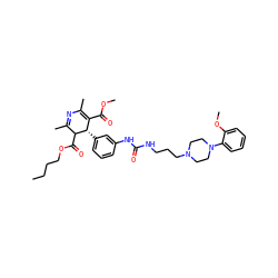 CCCCOC(=O)C1C(C)=NC(C)=C(C(=O)OC)[C@@H]1c1cccc(NC(=O)NCCCN2CCN(c3ccccc3OC)CC2)c1 ZINC000027209064