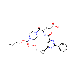 CCCCOC(=O)N1CCN(C(=O)[C@H](CCC(=O)O)NC(=O)c2cc([C@H]3C[C@@H]3COC)nc(-c3ccccc3)n2)CC1 ZINC000043208329