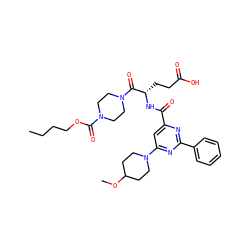 CCCCOC(=O)N1CCN(C(=O)[C@H](CCC(=O)O)NC(=O)c2cc(N3CCC(OC)CC3)nc(-c3ccccc3)n2)CC1 ZINC000049679497