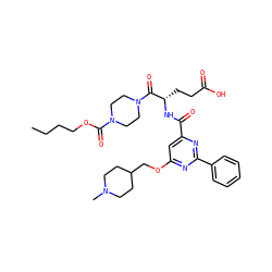 CCCCOC(=O)N1CCN(C(=O)[C@H](CCC(=O)O)NC(=O)c2cc(OCC3CCN(C)CC3)nc(-c3ccccc3)n2)CC1 ZINC000049680181