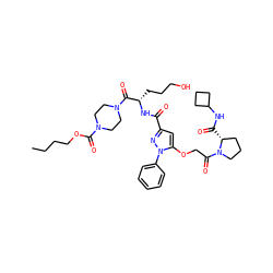 CCCCOC(=O)N1CCN(C(=O)[C@H](CCCO)NC(=O)c2cc(OCC(=O)N3CCC[C@H]3C(=O)NC3CCC3)n(-c3ccccc3)n2)CC1 ZINC000095554824