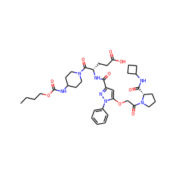 CCCCOC(=O)NC1CCN(C(=O)[C@H](CCC(=O)O)NC(=O)c2cc(OCC(=O)N3CCC[C@H]3C(=O)NC3CCC3)n(-c3ccccc3)n2)CC1 ZINC000095554457