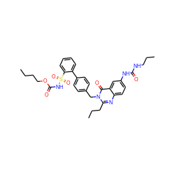 CCCCOC(=O)NS(=O)(=O)c1ccccc1-c1ccc(Cn2c(CCC)nc3ccc(NC(=O)NCCC)cc3c2=O)cc1 ZINC000027984763