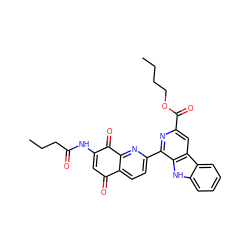 CCCCOC(=O)c1cc2c([nH]c3ccccc32)c(-c2ccc3c(n2)C(=O)C(NC(=O)CCC)=CC3=O)n1 ZINC000013531672