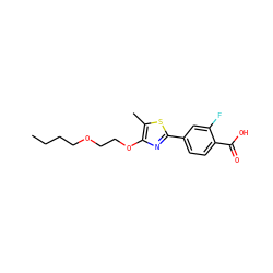 CCCCOCCOc1nc(-c2ccc(C(=O)O)c(F)c2)sc1C ZINC000013676272