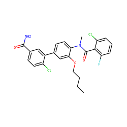 CCCCOc1cc(-c2cc(C(N)=O)ccc2Cl)ccc1N(C)C(=O)c1c(F)cccc1Cl ZINC000473249093