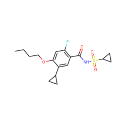 CCCCOc1cc(F)c(C(=O)NS(=O)(=O)C2CC2)cc1C1CC1 ZINC000207165635
