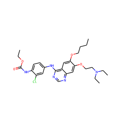 CCCCOc1cc2c(Nc3ccc(NC(=O)OCC)c(Cl)c3)ncnc2cc1OCCN(CC)CC ZINC000084634626