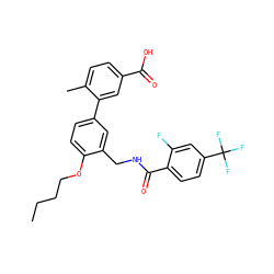 CCCCOc1ccc(-c2cc(C(=O)O)ccc2C)cc1CNC(=O)c1ccc(C(F)(F)F)cc1F ZINC000049055310